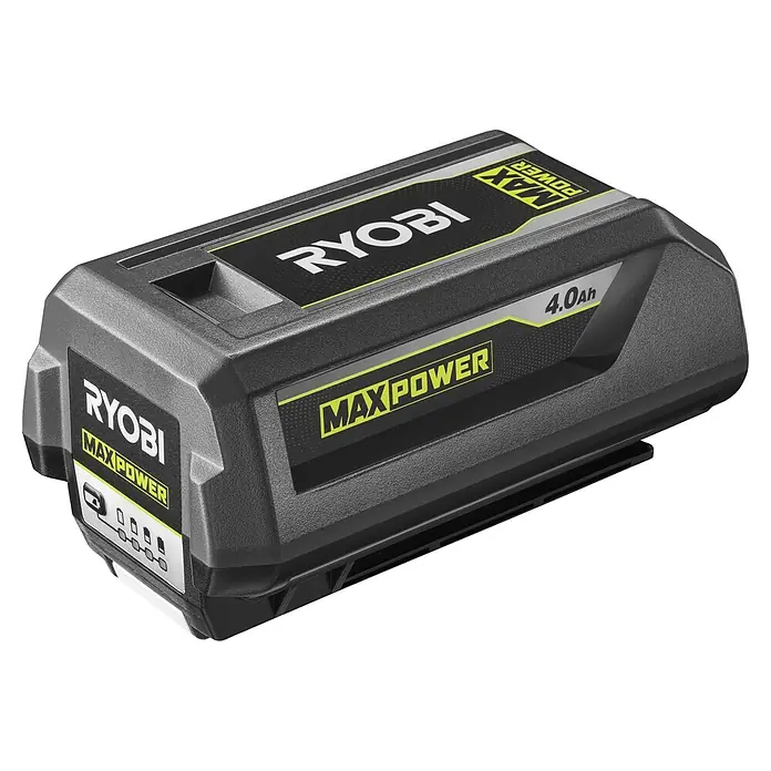 Ryobi Max Power Akku RY36B40B - 36 V, 4 Ah, Li-Ionen - Nahaufnahme eines Ryobi Max Power 4,0Ah Akkus mit schwarzem und gelbem Design. Ideal für Elektrowerkzeuge.