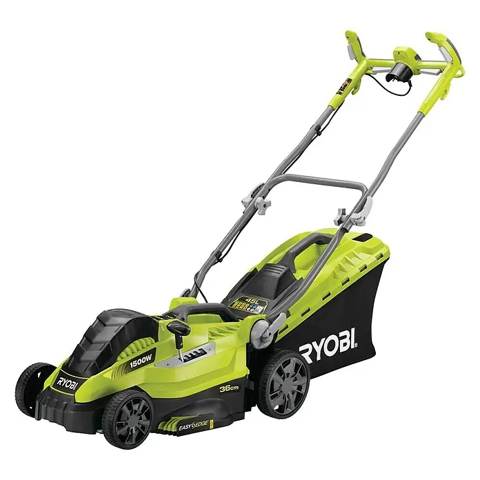 Ryobi Elektro-Rasenmäher RLM15E36H - 1.500 W, Schnittbreite: 36 cm - Ein grüner RYOBI 1500W Rasenmäher mit einem 45L Grasfangkorb. Das Gerät verfügt über die EasyEdge Funktion.