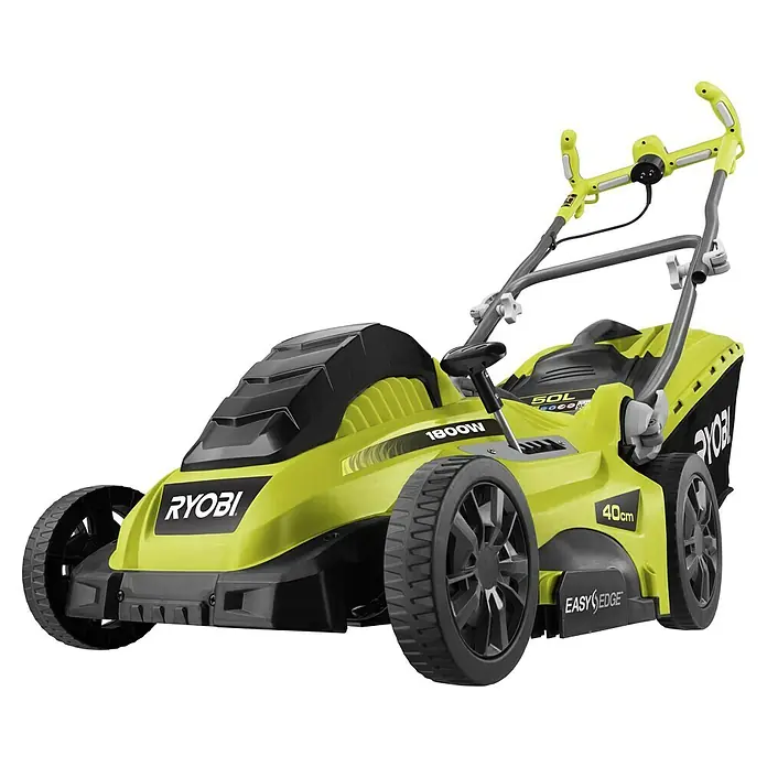 Ryobi Elektro-Rasenmäher RLM18E40H - 1.800 W, Schnittbreite: 40 cm - Ein gelb-schwarzer Ryobi 1800W Rasenmäher mit verstellbarem Griff und 'Easy Edge'-Funktion, ideal für präzise Rasenpflege.
