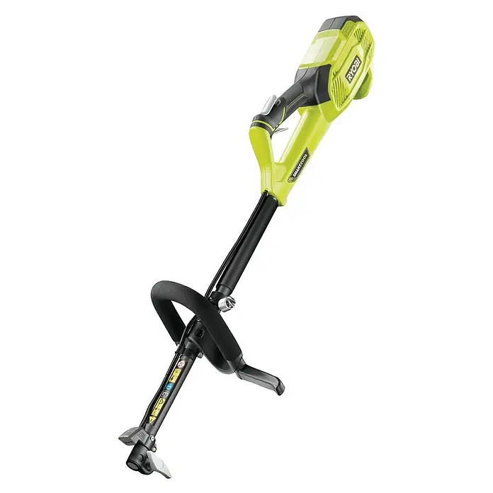 Ryobi Elektro-Motorsense RBC1226I - 1.200 W, Schnittbreite Faden: 38 cm, Schnittbreite Messer: 26 cm - Das Bild zeigt einen Akku-Rasentrimmer der Marke Ryobi. Der Trimmer ist grün und schwarz und hat einen verstellbaren Griff.