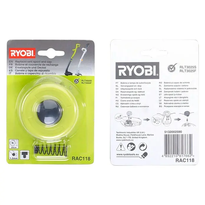 Ryobi Ersatzfadenspule RAC118 - Passend für: Ryobi Rasentrimmer RLT 3025S i und RLT3025F - RYOBI Ersatzspule und Deckel: Eine gelbe Ersatzspule mit schwarzem Deckel und Feder für RYOBI Rasentrimmer. Praktisches Zubehör für die Gartenarbeit.