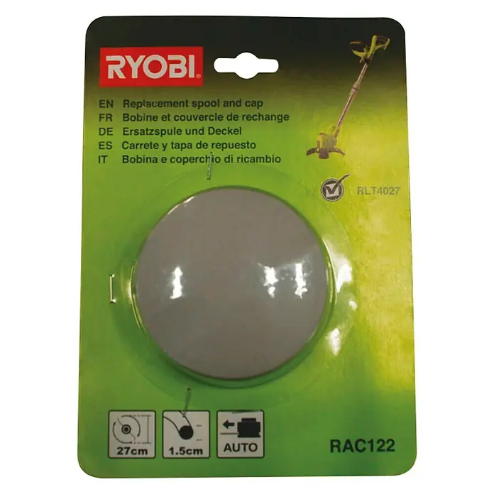Ryobi Ersatzfadenspule RAC122 - Fadenlänge: 4,2 m, Fadenstärke: 1,5 mm, Passend für: RLT4027, RLT5027 und RLT6030 - Bild einer RYOBI Ersatzspule mit Kappe, verpackt in grüner Blisterverpackung, ideal für Rasentrimmer.