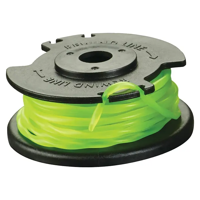 Ryobi Ersatzfadenspule RAC142 - Fadenstärke: 2 mm, Passend für: Ryobi 36 V Akku-Rasentrimmer - Ein Spule mit gelbem Trimmerfaden, aufgewickelt auf einer schwarzen Spule. Ideal für Rasentrimmerarbeiten im Garten.