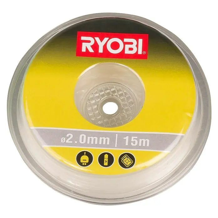 Ryobi Ersatzfaden RAC102 - Fadenlänge: 15 m, Fadenstärke: 2 mm - Ryobi Trimmerfaden 2.0 mm mit 15m Länge, verpackt in einer runden, durchsichtigen Spule mit gelbem Hintergrund.