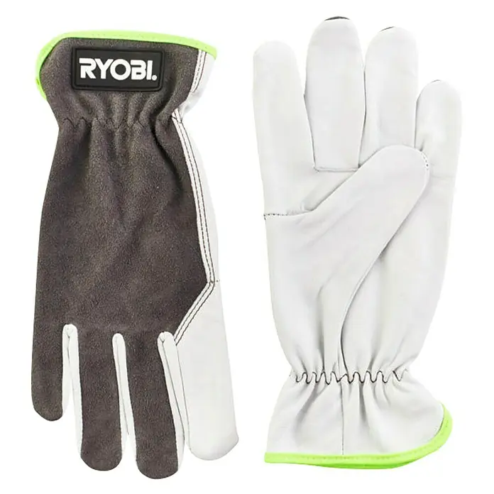 Ryobi Gartenhandschuhe RAC810 - M, Schwarz/Weiß - Ein Paar Ryobi-Arbeitshandschuhe, Ansicht der Handfläche und des Rückens, mit grauem Stoff und weißem Leder gefertigt, für Arbeiten im Freien.