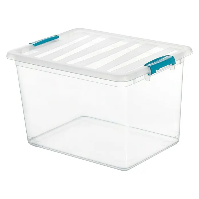 Caja de almacenaje Katla - 39 x 29 x 25,5 cm, 20 l, Con tapa, Plástico - Cesto de almacenamiento de plástico transparente con cierres de color verde azulado. Ideal para organizar artículos del hogar o material de oficina.