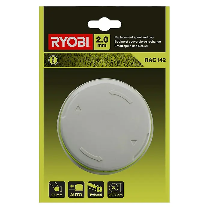 Ryobi Ersatzfadenspule RAC142 - Fadenstärke: 2 mm, Passend für: Ryobi 36 V Akku-Rasentrimmer - Abbildung einer Ryobi RAC142 Ersatzspule mit Kappe, passend für Rasentrimmer mit 2.0 mm Faden und automatischer Fadennachführung.