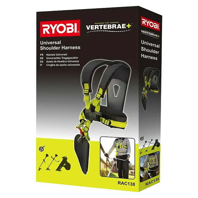 Ryobi Tragegurt RAC138 - Passend für: Ryobi Akku-Sensen - Abbildung der Verpackung eines Ryobi Vertebrae+ Universal Schultergurts, ein Zubehör für Gartengeräte, das Komfort und Unterstützung bietet.