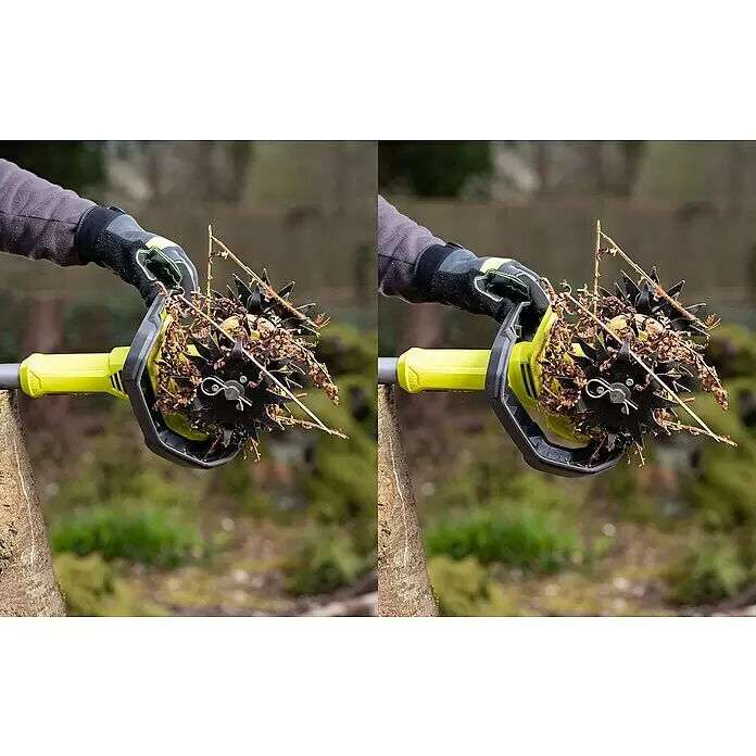 Ryobi ONE+ Akku-Bodenhacke RY18CVA-0 - Ohne Akku, Li-Ionen, 18 V - Behandschuhte Hand hält gelb-schwarzes Gartengerät mit sternförmigen Klingen und trockenem Pflanzenmaterial, im Freien.