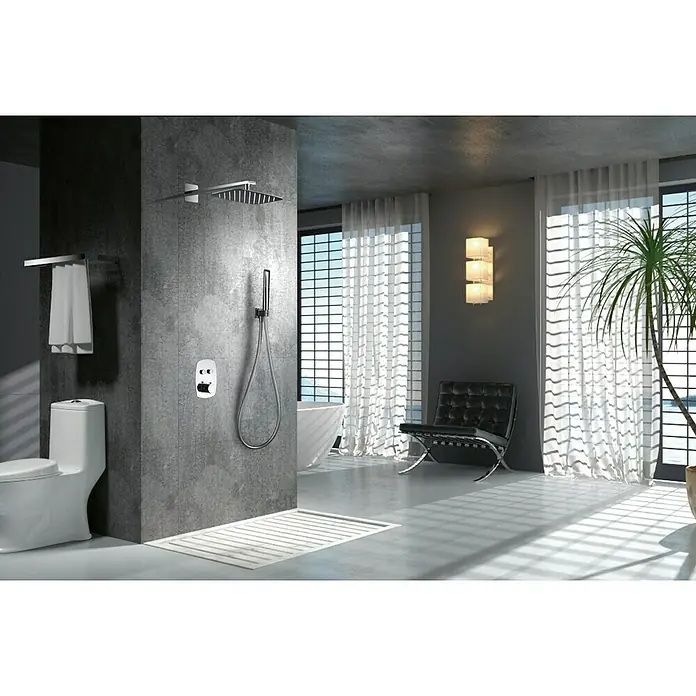Imex Sistema de ducha empotrado Hidra - Con grifo termostático, Cromo - Elegante baño con ducha moderna, WC y toallero. La combinación perfecta de confort y estilo para tu hogar.