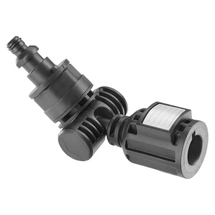 Ryobi ONE+ Winkeladapter RAC764 - Passend für: Ryobi EZClean-Reinigungsmaschinen - Nahaufnahme eines schwarzen Bewässerungs-Drehgelenks, das die Flexibilität beim Bewässern im Garten erhöht. Für eine einfache Installation und Nutzung.