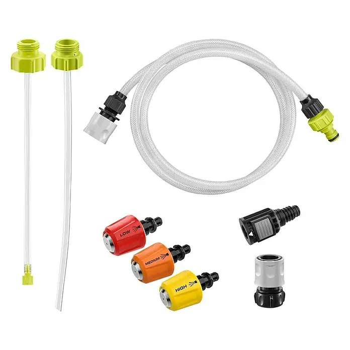 Ryobi ONE+ Druckreiniger Kaltverneblungsdüsen-Set RAC754 - Passend für: Alle Ryobi 18 V Mitteldruckreiniger - Ein Set von Zubehörteilen für einen Hochdruckreiniger, einschließlich Düsen, Schläuche und Verbindungsstücke für verschiedene Reinigungsanwendungen.