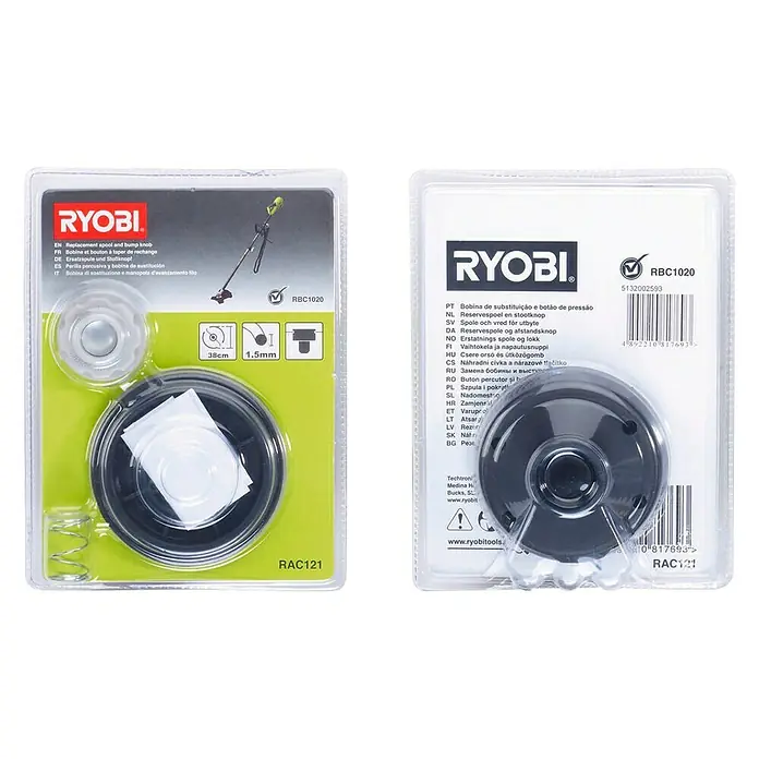 Ryobi Ersatzfadenspule RAC121 - Fadenstärke: 1,5 mm, Passend für: Ryobi Elektrosense: RBC1020 - Bild zeigt eine Ryobi Ersatzspule und einen Stoßknopf, ideal für Rasentrimmer.