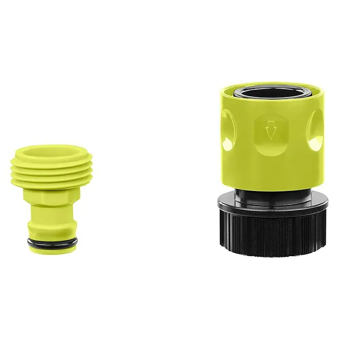 Ryobi ONE+ Adapter RAC770 - Passend für: Ryobi Mitteldruckreiniger - Zwei gelbe Gartenschlauchverbinder, einer mit schwarzem Gewinde, vor schwarzem Hintergrund.