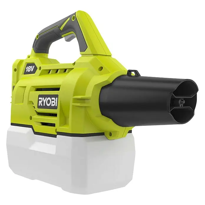 Ryobi ONE+ Akku-Sprühgerät RY18FGA-0 - 18 V, Anzahl Akkus: Ohne Akku - Hier ist ein Akku-Sprühgerät von Ryobi mit einem weißen Tank und einem gelb-schwarzen Design. Das Gerät ist für den Einsatz im Freien konzipiert.
