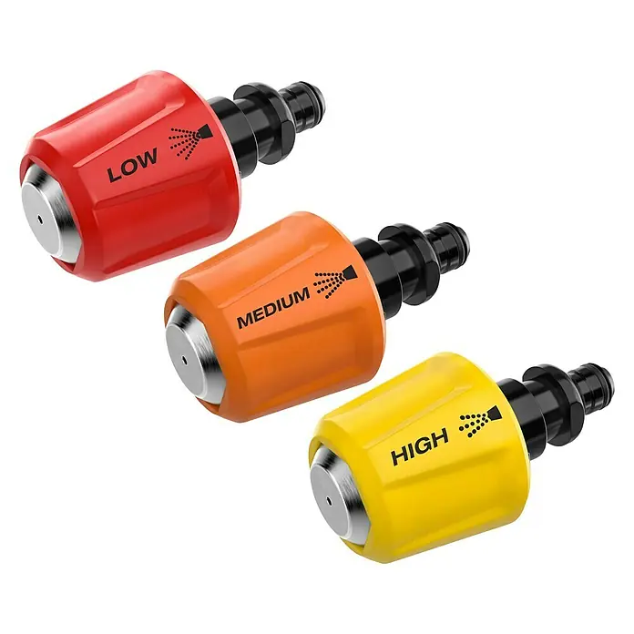 Ryobi ONE+ Druckreiniger Kaltverneblungsdüsen-Set RAC754 - Passend für: Alle Ryobi 18 V Mitteldruckreiniger - Drei farbcodierte Hochdruckdüsen: Rot (niedrig), Orange (mittel), Gelb (hoch). Ideal für verschiedene Reinigungsaufgaben mit Ihrem Hochdruckreiniger.
