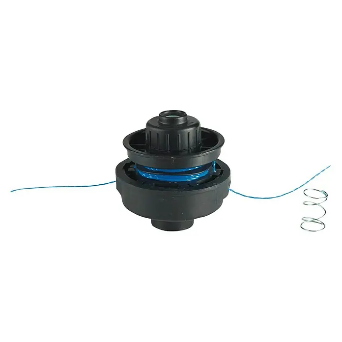 Ryobi Ersatzfadenspule RAC121 - Fadenstärke: 1,5 mm, Passend für: Ryobi Elektrosense: RBC1020 - Nahaufnahme eines Trimmerkopfes mit blauer Trimmerschnur.