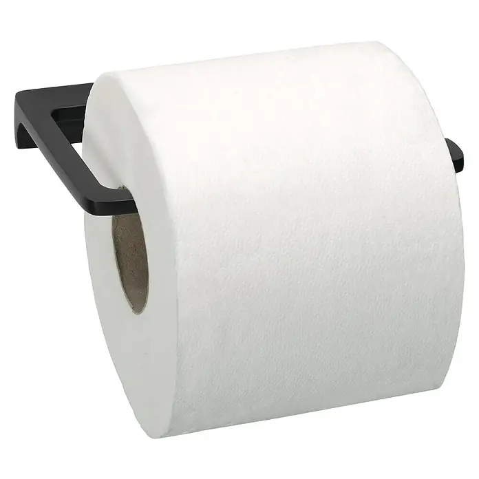 Phoenix Toilettenpapierhalter - Ohne Deckel, Schwarz, Matt - Eine Rolle Toilettenpapier auf einem modernen, schwarzen Halter. Das Papier ist sauber, weiß und bereit zur Verwendung im Badezimmer.