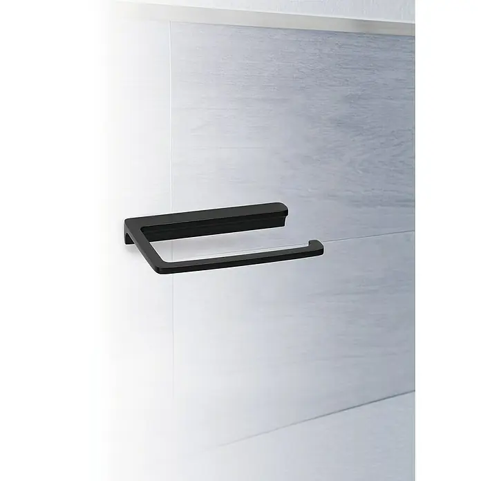 Phoenix Toilettenpapierhalter - Ohne Deckel, Schwarz, Matt - Ein mattschwarzer Toilettenpapierhalter ist an einer gefliesten Wand befestigt, minimalistisch und modern gestaltet für ein stilvolles Badezimmer.