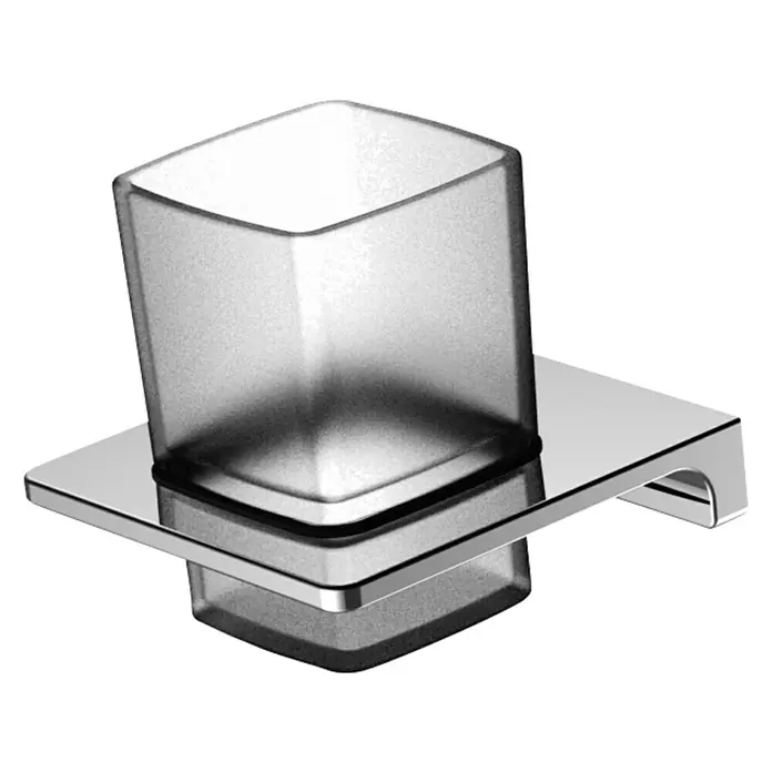 Phoenix Zahnputzglas - Mit Halterung, 10,4 x 10 x 11 cm, Chrom - Nahaufnahme eines modernen, transparenten Zahnputzbechers mit einer glänzenden, verchromten Halterung.