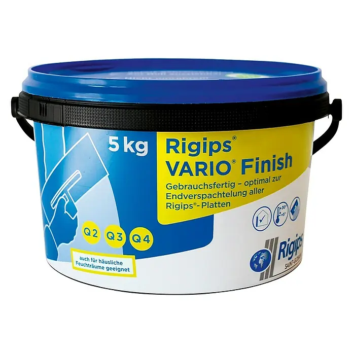 Rigips VARIO Fugenspachtel Finish - 5 kg - Abbildung eines Eimers Rigips VARIO Finish Spachtelmasse, gebrauchsfertig für die Endverspachtelung von Rigipsplatten.