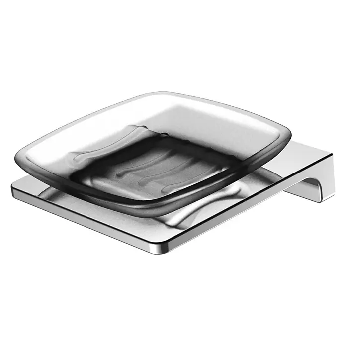 Phoenix Seifenschale - Mit Halterung, Metall, Chrom - Nahaufnahme einer modernen Seifenschale aus Chrom mit einer transparenten oberen Ablage. Ideal für jedes Badezimmer für eine stilvolle Seifenablage.