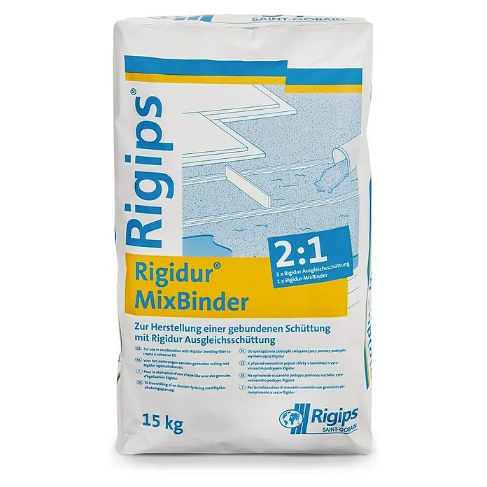 Rigips Rigidur Bindemittel MixBinder - 15 kg - Produktabbildung von Rigips Rigidur MixBinder, eine Ausgleichsschüttung für den Innenbereich.