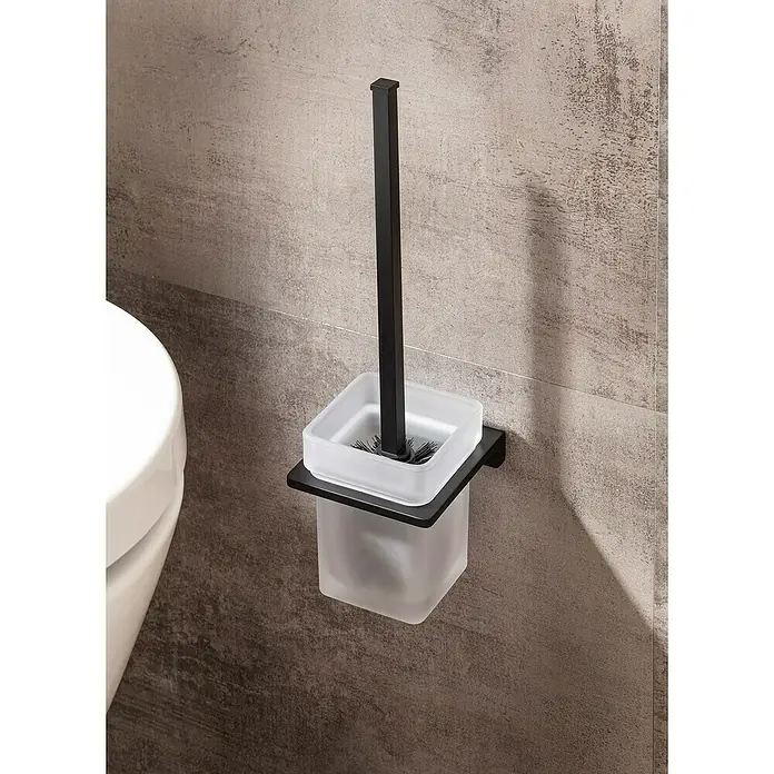 Phoenix WC-Bürstengarnitur - Metall, Schwarz - Wandmontierte WC-Bürstengarnitur mit mattiertem Glasbehälter und schwarzem Griff. Elegantes Design für Badezimmer.
