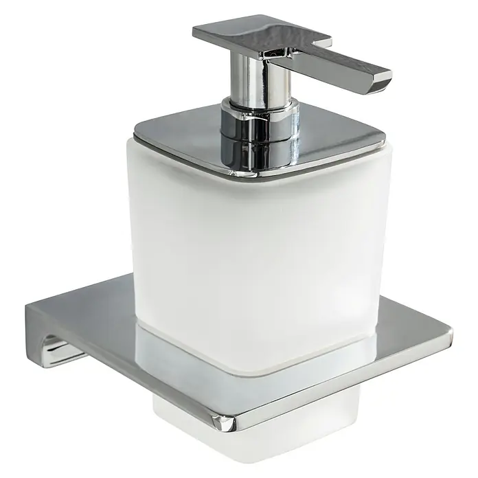 Lanzet Seifenspender - Metall, Chrom - Moderner Seifenspender mit Chrompumpe und quadratischer Ablage für Badezimmer oder Küche.