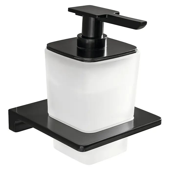 Lanzet Seifenspender - Metall, Schwarz - Ein schwarzer, rechteckiger Seifenspender mit mattiertem Behälter. Das Design ist modern und minimalistisch.