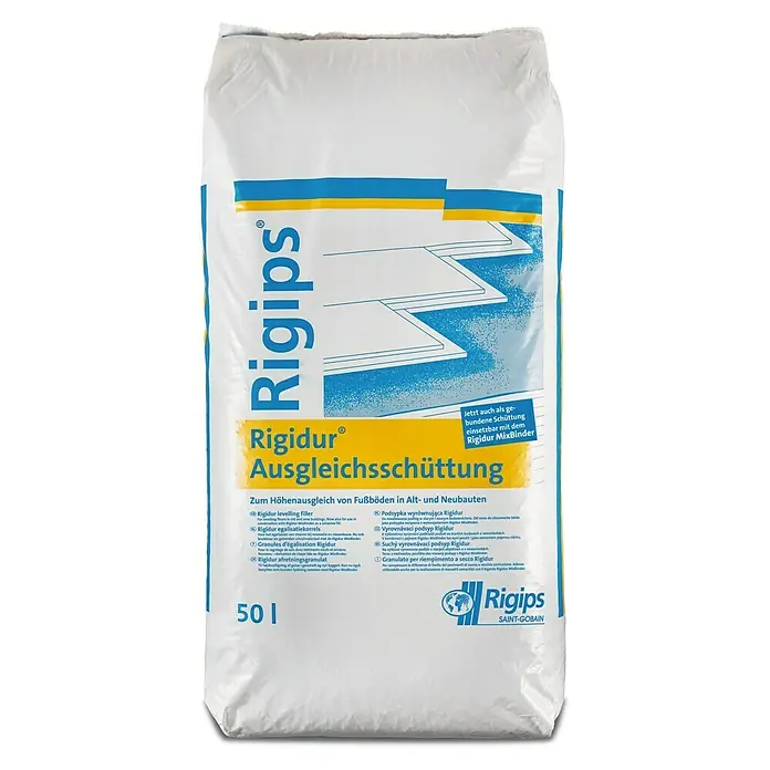 Rigips Rigidur Ausgleichsschüttung - 50 l - Bild eines Sacks Rigidur Ausgleichsschüttung. Zum Ausgleich von Fußböden in Alt- und Neubauten, 50 l.