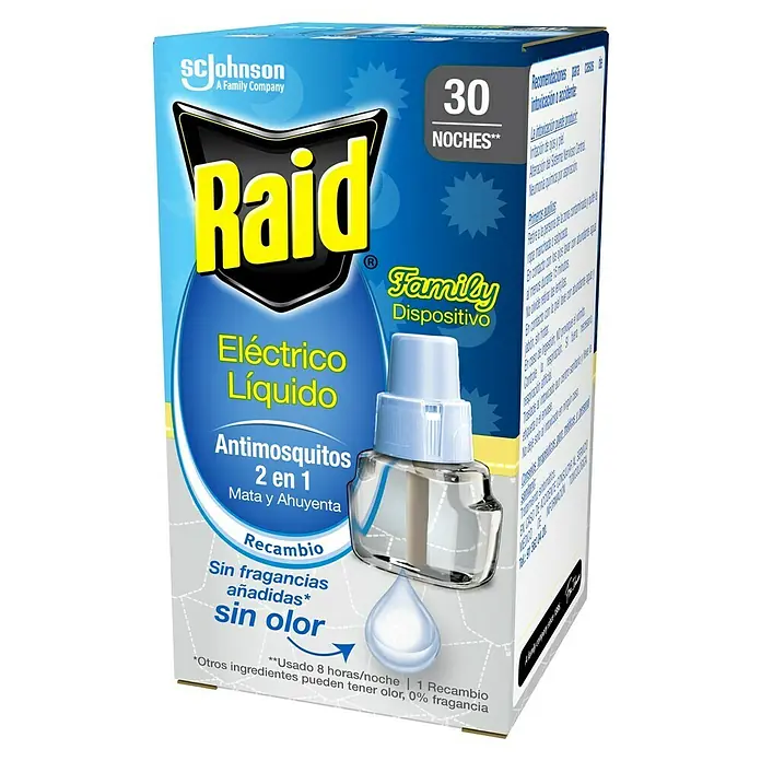 Raid Producto anti-insectos Family Recambio - Mosquitos - Imagen de un paquete de recambio de Raid Electric Liquid Anti-Mosquitos 2 en 1, que proporciona hasta 30 noches de protección sin fragancia.