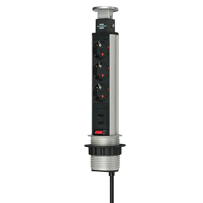 Brennenstuhl Base de enchufe múltiple Tower-Power - x 3, Longitud del cable: 2 m - Elemento de enchufe Brennenstuhl con tres tomas y puertos USB, ideal para cocina u oficina. Práctico y que ahorra espacio.