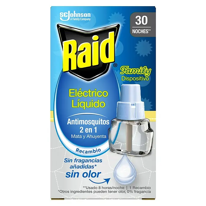 Raid Producto anti-insectos Family Recambio - Mosquitos - Un paquete de Raid Eléctrico Líquido Antimosquitos 2 en 1, que mata y ahuyenta a los mosquitos, con un recambio sin fragancias para 30 noches.