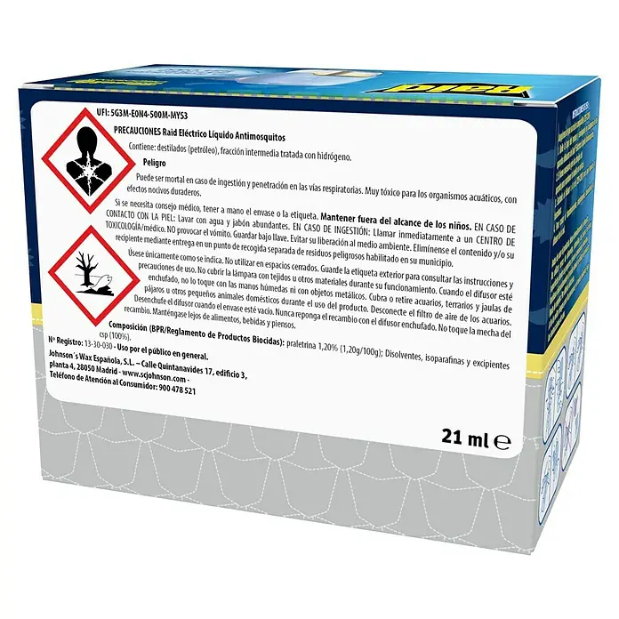 Raid Producto anti-insectos Familiy - Apto para: Mosquitos - Imagen de un paquete de Raid Eléctrico Líquido Antimosquitos.