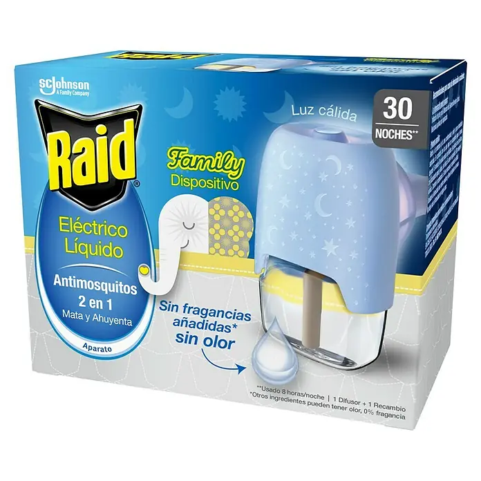 Raid Producto anti-insectos Familiy - Apto para: Mosquitos - Imagen del producto del repelente de mosquitos líquido eléctrico Raid 2 en 1, un insecticida eléctrico con una luz nocturna relajante para 30 noches de protección.
