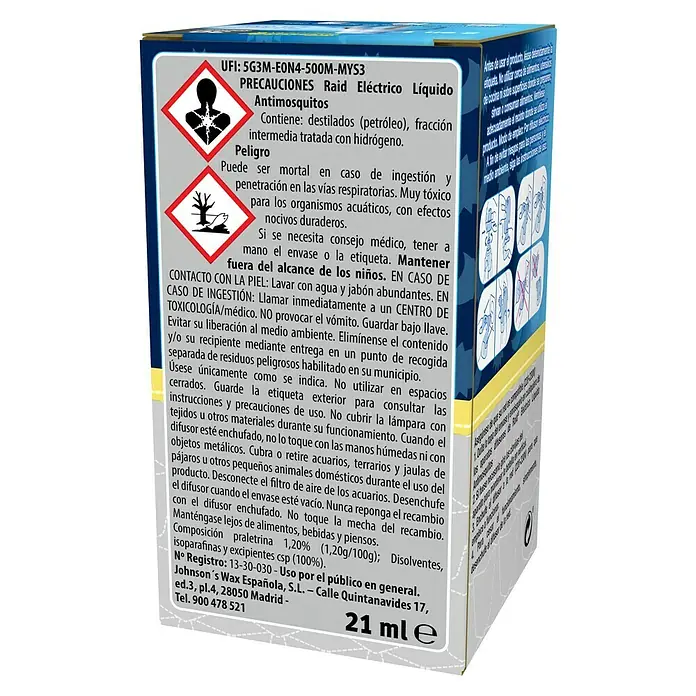 Raid Producto anti-insectos Family Recambio - Mosquitos - Impresión en un paquete de Raid Eléctrico Líquido Antimosquitos.