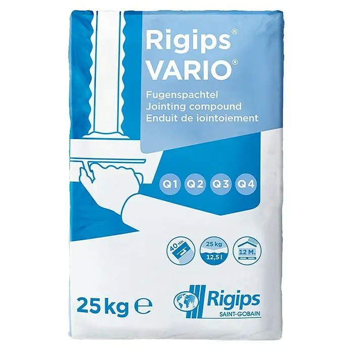 Rigips Fugenspachtel Vario - 25 kg - Bild eines Sacks Rigips VARIO Fugenfüller, ideal zum Verfugen von Gipskartonplatten und für Oberflächengüten von Q1 bis Q4.