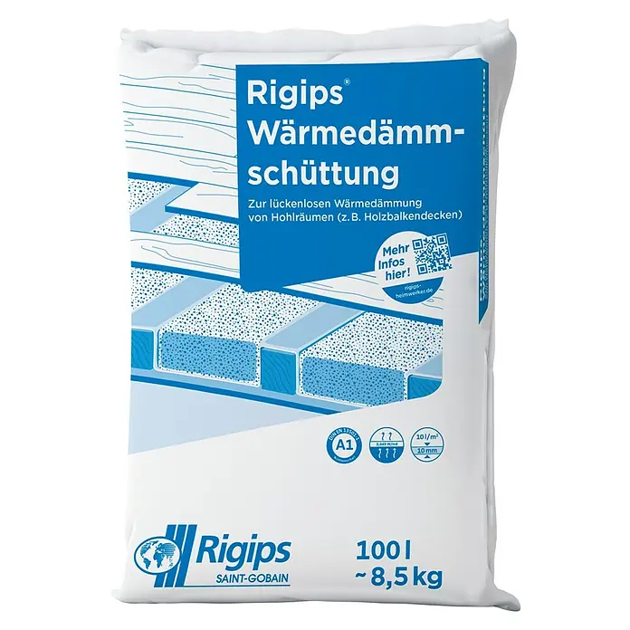 Rigips Wärmedämmschüttung - 100 l, Körnung: 0 mm - 6 mm - Bild einer Verpackung Rigips Wärmedämm-Schüttung, einer losen Schüttung zur Wärmeisolierung von Hohlräumen, ideal für Holzbalkendecken.