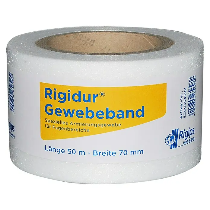 Rigips Rigidur Glasgewebeband - 50 m x 70 mm - Rolle Rigidur Gewebeband, 50 m lang und 70 mm breit. Spezielles Armierungsgewebe für Fugenbereiche, ideal für Trockenbauarbeiten.