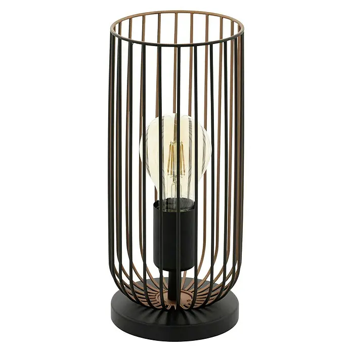 Eglo Roccamena Tischleuchte TL/1 - 60 W, Schwarz/Kupfer, E27 - Elegante Tischleuchte mit einem Käfig aus Metallstäben in Schwarz und Kupfer, die eine dekorative Glühbirne umgeben.