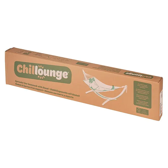 Chillounge Stabhängematte - L x B: 300 x 140 cm, Natur - Kartonverpackung für eine "Chillounge"-Hängematte mit Spreizstab und Gestell, ideal zum Entspannen im Freien.
