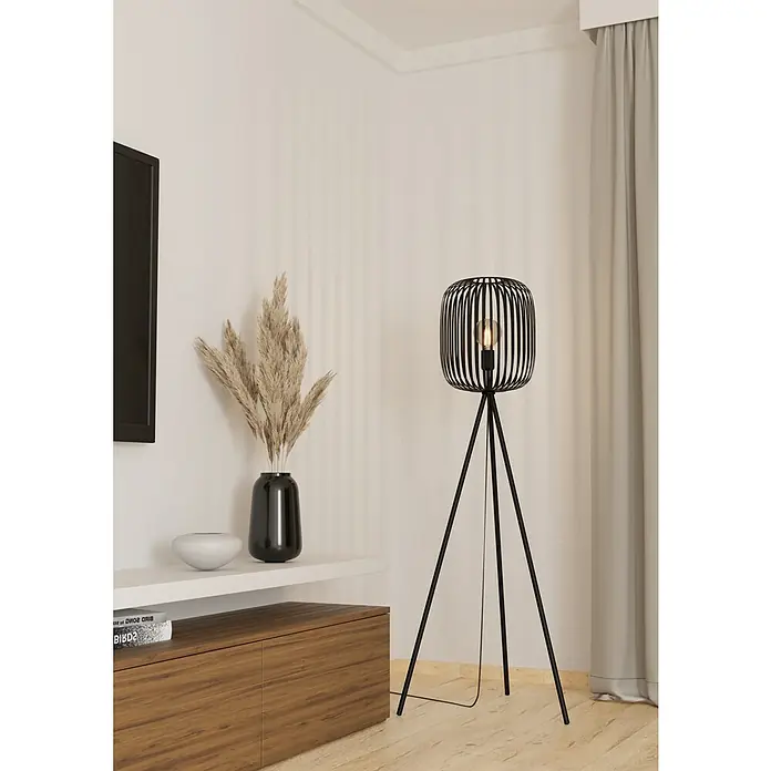 Eglo Romazzina Stehleuchte - 40 W, Höhe: 140,5 cm, Schwarz, E27 - Elegante schwarze Stehlampe im modernen Design. Die Lampe verfügt über einen Lampenschirm mit vertikalen Streben und einem Stativfuß.