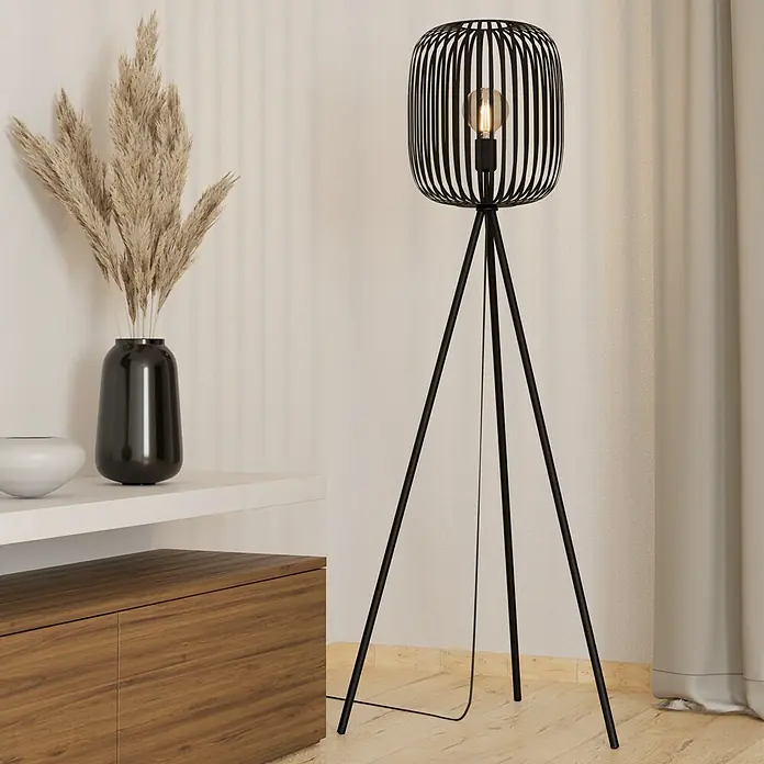 Eglo Romazzina Stehleuchte - 40 W, Höhe: 140,5 cm, Schwarz, E27 - Eine moderne Stehlampe mit einem schwarzen Metallgestell und einem Lampenschirm in Form eines Käfigs.