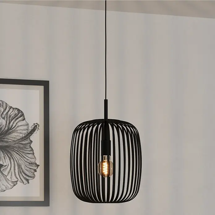 Eglo Romazzina Pendelleuchte - 40 W, Schwarz, E27 - Elegante Pendelleuchte mit einem Lampenschirm aus schwarzen Streben und einer warmen Edison-Glühbirne für stimmungsvolle Beleuchtung.
