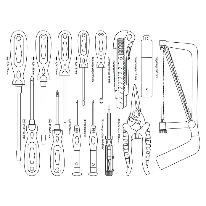 Brüder Mannesmann Werkzeugrollkoffer - L x B x H: 38 x 53 x 17 cm, 159 -tlg. - Abbildung verschiedener Werkzeuge, darunter Schraubendreher, Messer, Zangen und eine Bügelsäge, dargestellt in einer Schwarz-Weiß-Zeichnung.