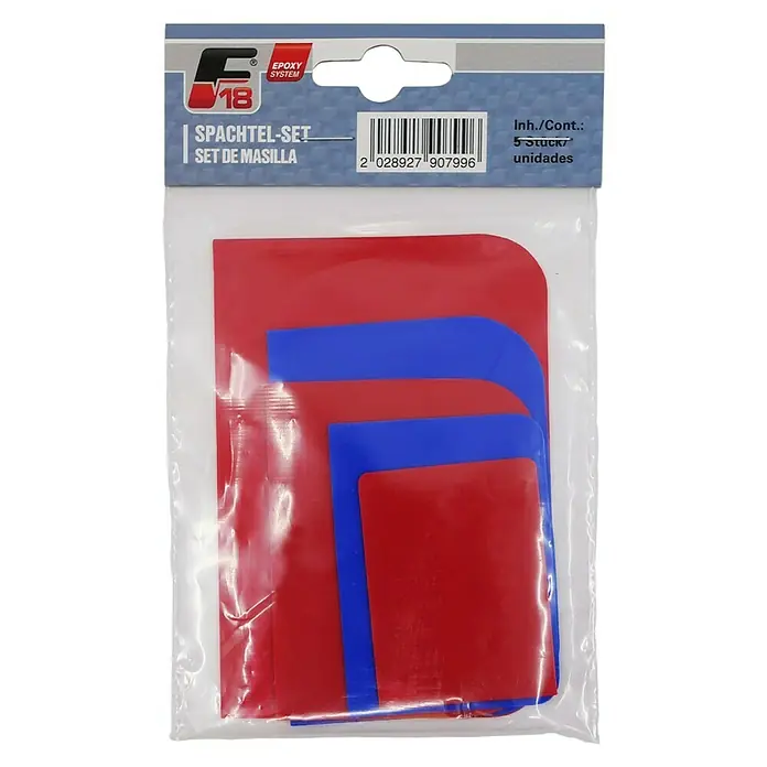F18 Spachtel-Set - 5 Stk. - Das Bild zeigt ein Spachtel-Set mit fünf Teilen in Rot und Blau, verpackt in einer transparenten Plastikverpackung.