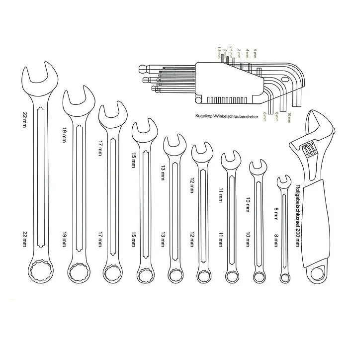 Brüder Mannesmann Werkzeugrollkoffer - L x B x H: 38 x 53 x 17 cm, 159 -tlg. - Darstellung verschiedener Schraubenschlüsselgrößen, Inbusschlüssel und eines verstellbaren Schraubenschlüssels.