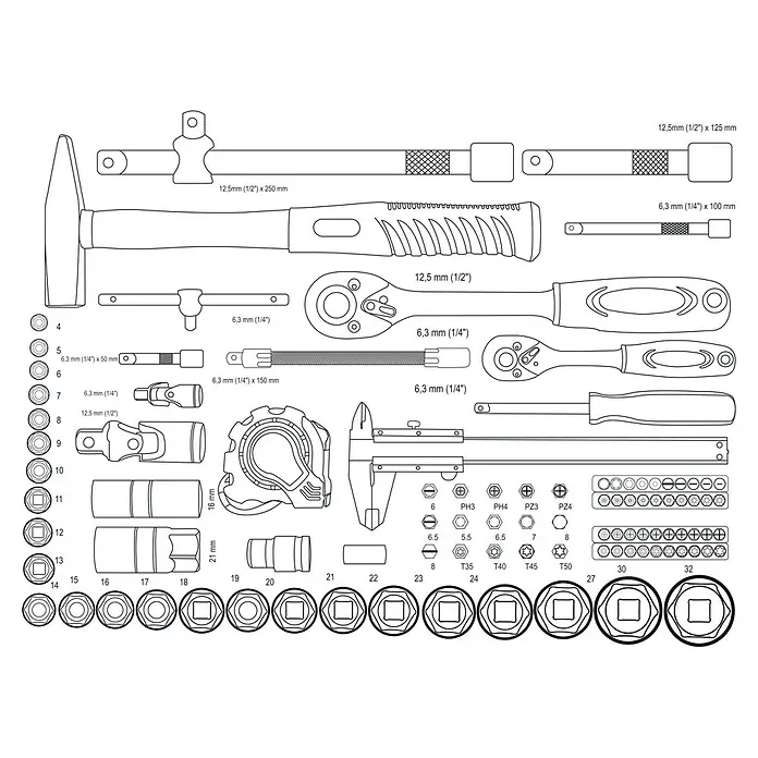 Brüder Mannesmann Werkzeugrollkoffer - L x B x H: 38 x 53 x 17 cm, 159 -tlg. - Darstellung verschiedener Werkzeuge wie Hammer, Schraubenschlüssel, Messschieber und Bits in einer technischen Zeichnung.