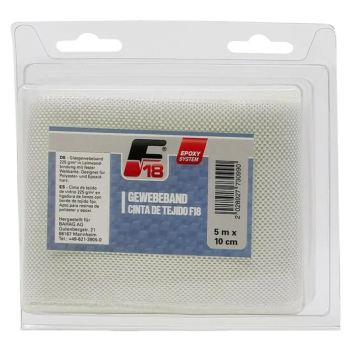 F18 Glasgewebeband - L x B: 5 m x 10 cm - Glasfasergewebeband F18, 5m x 10cm, ideal für Polyester- und Epoxidharzprojekte. Robust und vielseitig einsetzbar.